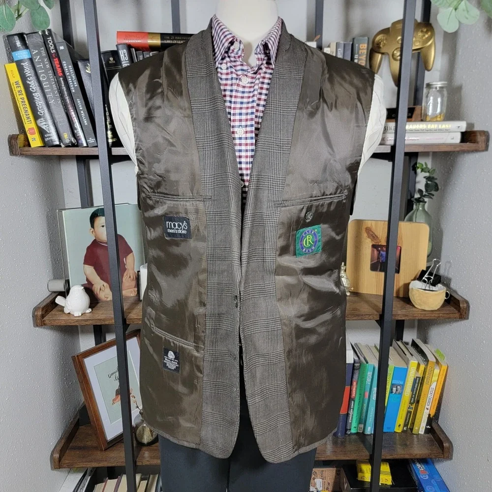 Club Room Men's Sport Coat Blazer Two Button‎ Plaid Brown Pure Wool Size 43R
